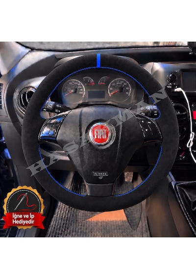 Fiat Punto Evo Dikme Direksiyon Kılıfı Full Alcantara Süet Mavi Yüzük Ve Mavi Dikiş 2009-2012 Siyah