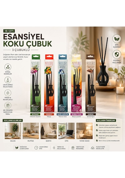 Niyebu Esansiyel Koku Çubuk 3 Adet Botanic - Sandal - Deniz Esinti - Mango - Buble Gum - 60'li Paket Diğer