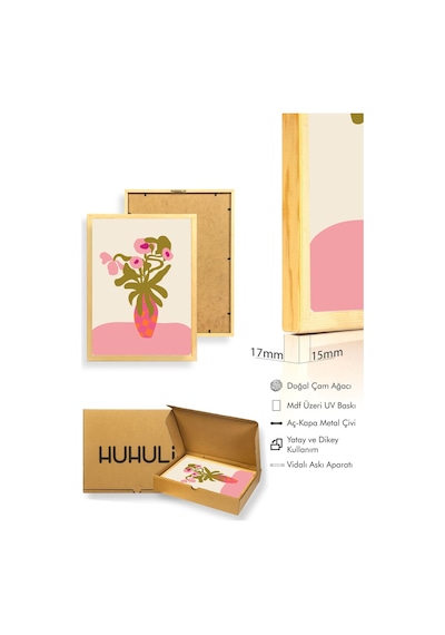 Doğal Ahşap Çerçeveli Retro Çiçekli Tablo - Vintage Floral Huhu2065