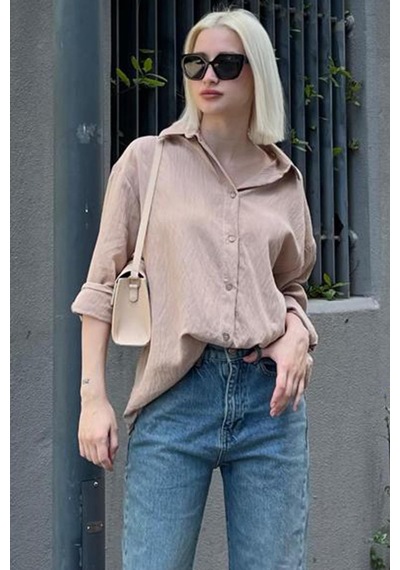 Madmext Bej Uzun Kollu Çizgili Oversize Gömlek Mg2080-bej Bej
