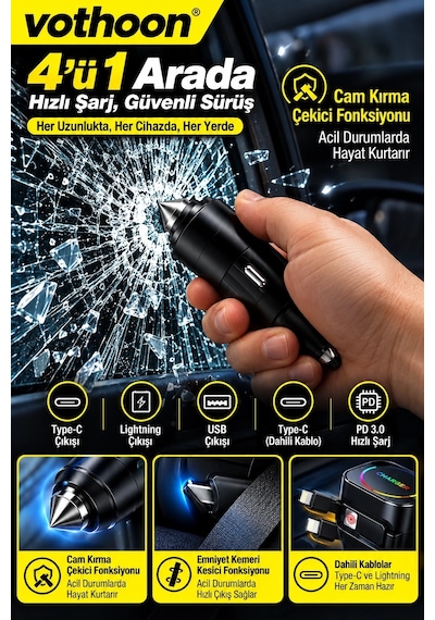 Zenvia 4 Ü 1 Arada 66w Araç Şarj Cihazı Çift Kablolu Araç İçi Çakmaklık Hızlı Şarj Cam Kırma Çakmak Öz