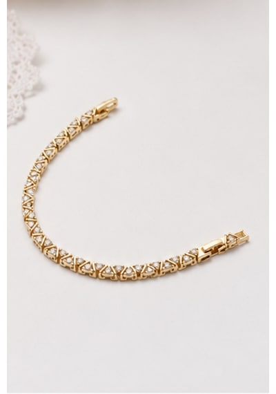 Balenbi Jewelry Kadın Taşlı Üçgen Geometrik Desenli Kararmaz Çelik Bileklik 14k Gold 1144 Altın