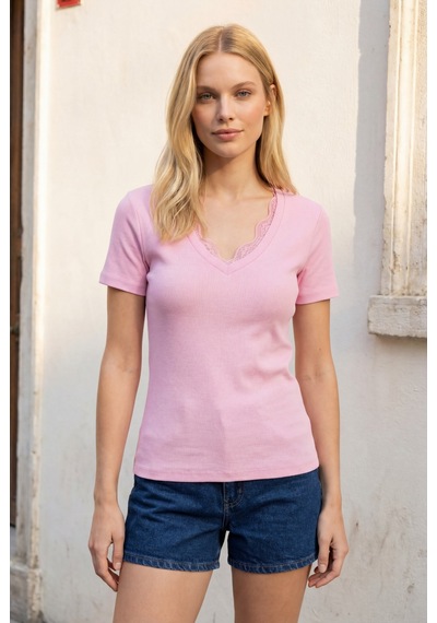 Pembe V Yaka Dantelli Kadın Tişört Mg2712 Pembe