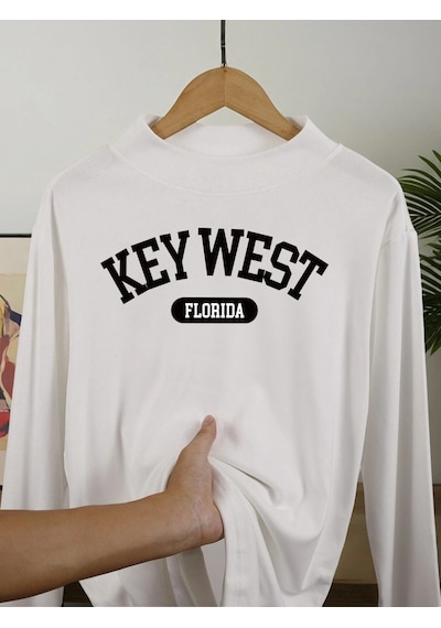 Startmore Tarzsokak Florida Key West Baskılı Erkekler İçin Basit Tişörtler Günlük Rahat Kazak Her Şeyle Uyumlu Mo Beyaz