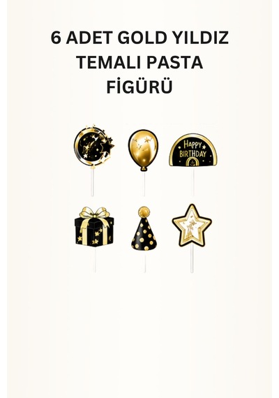 Siyah Gold Yıldız Temalı Doğum Günü Parti Seti İyi Ki Doğdun Banner, Tavan Süsü, Pasta Süsü, Gözlük Ve Mısır Kutusu Altın