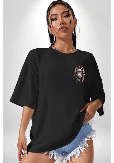 Kulaklık Maymun Müzik Dinliyor Siyah Oversize Unisex Ön Sol Yan Minimal Baskılı Tişört Koyu Siyah