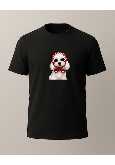 Başrötülü Beyaz Köpke Baskılı T-shirt Siyah