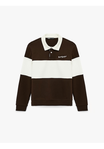 Koton Uzun Kollu İşlemeli Renk Bloklu Polo Yaka Sweatshirt Kahverengi 6sam70030mk Kahverengi