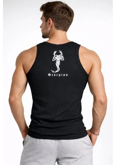 Erkek Fitilli Atlet Sıfır Yaka Slim Fit Arka Baskılı Spor Atlet - Siyah Siyah