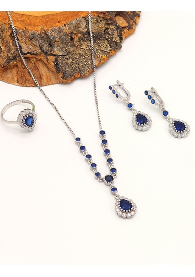 Safir Taşlı Damla Model 925 Ayar Gümüş Kadın Üçlü Set 201025667