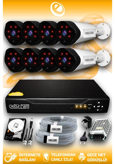 Elitcam 8 Kameralı Uzay 8 Dış Kamera Set 320 GB HDD Full HD Gece Görüşlü Güvenlik Kamerası Sistemi
