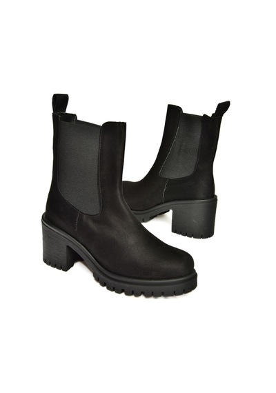 Fox Shoes T726981602 Siyah Süet Lastikli Kalın Topuklu Kadın Bot Siyah-Süet Siyah