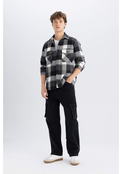 DeFacto Relax Fit Waffle Kareli Oduncu Flanel Pamuklu Uzun Kollu Gömlek Z0639AZ24AUBK81