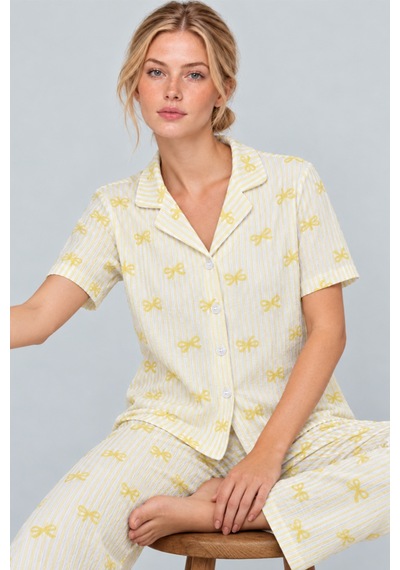 Kadın Gömlek Yaka Desenli İkili Sarı Pijama Takımı 4795
