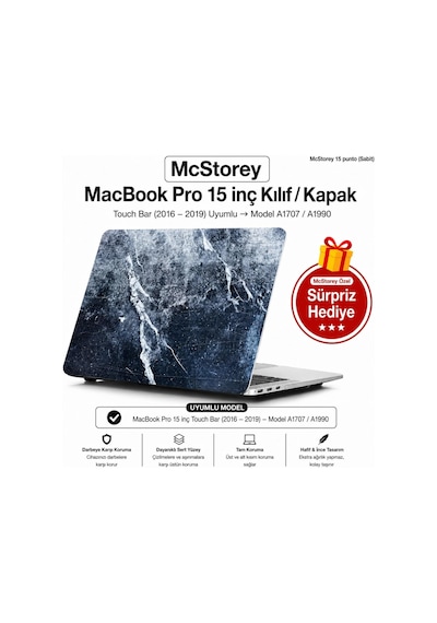 Macbook Pro 15 Mermer Desenli Kılıf A1707 A1990 Uyumlu Baskılı Sert Kılıf İnce Hafif Koruyucu Kapak Mavi