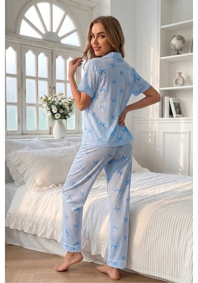 Bella Notte Mavi Soft Fiyonk Desenli Yazlık Pijama Takımı