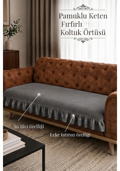 Lüx Fırfırlı Koltuk Örtüsü Bohem Pamuklu Keten Leke Tutmaz Su İticili Koltuk-çekyat Örtüsü Antrasit
