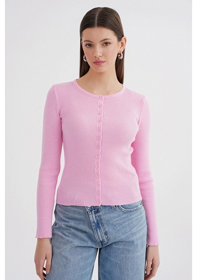 Hiccup Mixray Düğmeli Slim Fit Yivli Örgü Hırka Toz Pembe