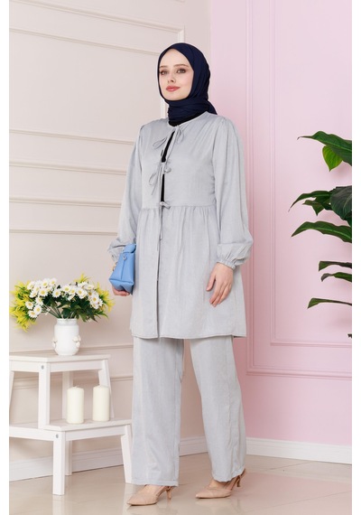 Sevitli Önü Bağlamalı Pantolonlu Takım-gri-4769
