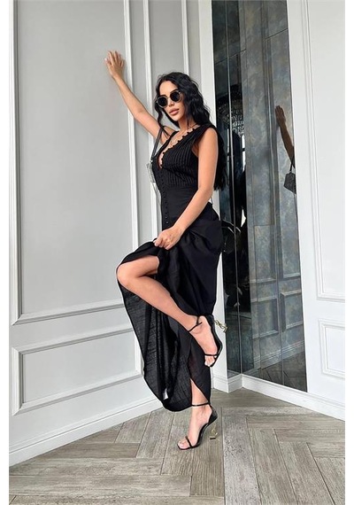 Neşeli Butik Kadın Düğme Detaylı Kolsuz Tasarım Elbise Nbemp2774 Siyah
