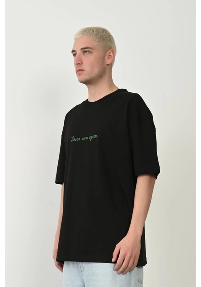 Erkek Baskılı T-shirt Kısa Kol Bisiklet Yaka Rahat Kalıp Tişört - Siyah Siyah