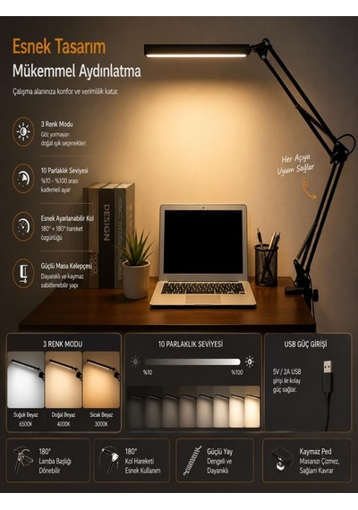 Led Masa Lambası 3 Renk Modlu Usb Beslemeli Kelepçeli Çalışma Lambası Siyah