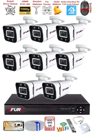 Fury 8 Kameralı 1080p Görüntü Gece Renkli Full Hd 4 X Ultra Led Gece Renkli Güvenlik Kamerası Seti 500gb