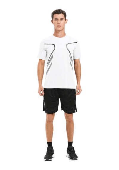 Genius Store Erkek Spor Tişört Antreman Gym Polyester Erkek Sporcu T-shirt Şeritli-tişört Beyaz