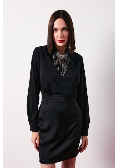 Sateen Kolyeli Salaş Bluz - Siyah-134625