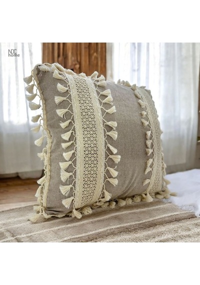 Dnc Home Tekstil Ndchome Bej Keten Kalın Dantel Ponponlu Kırlent Kırlent Kılıfı 43 X 43