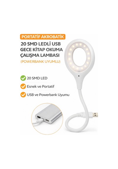 Ecuy Portatif Akrobatik Usb Led Okuma Ve Çalışma Lambası 20 Smd Led Powerbank Uyumlu 5000k Doğal Işık Beyaz