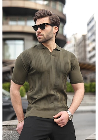 Madmext Haki Polo Yaka Triko Erkek Tişört E7469 Haki