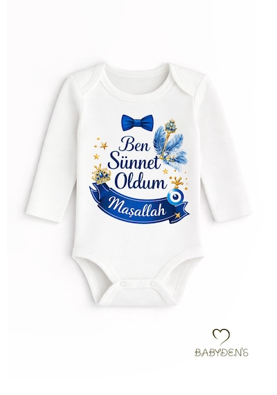 Babyden's Sünnet Kıyafeti Erkek Bebek Body Pamuk Ben Sünnet Oldum Maşallah Baskılı Zıbın Uzun Kol Body Beyaz