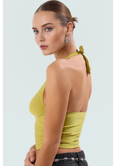 Ersefa Vücuda Oturan Boyundan Bağlamalı Crop Bluz Polyester Elastan Sand Yağ Yeşil