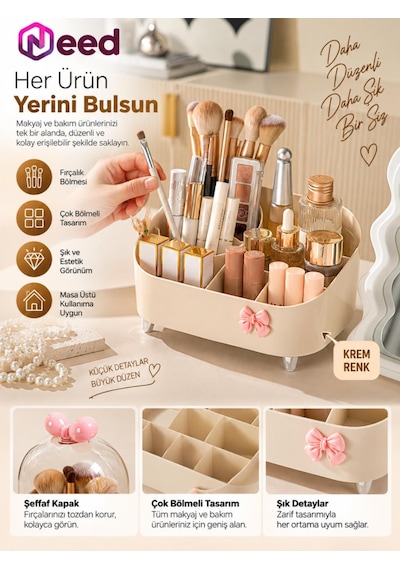 Need Şeffaf Kapaklı Toz Korumalı Fırçalık Bölmeli Makyaj Organizeri Kozmetik Düzenleyici Krem Nd-8069-crm
