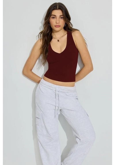 Madmext Koyu Bordo Derin V Yaka %100 Pamuklu Basic Kadın Atlet Mg2405