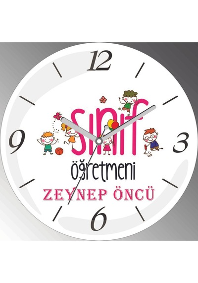 Kişiye Özel Sınıf Öğretmeni Çap 30cm Sessiz Akar Bombeli Gerçek Cam Duvar Saati Siyah