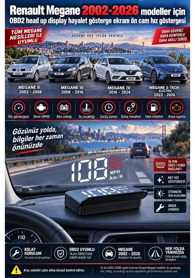 Renault Megane 2002-2026 Modeller İçin Obd2 Head Up Display Hayalet Gösterge Ekranı Ön Cam Hız Göstergesi