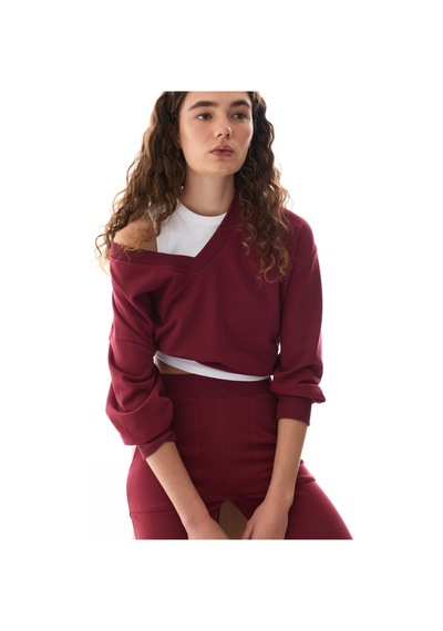 Penti Bordo Geniş V Yaka Uzun Kollu Sweatshirt