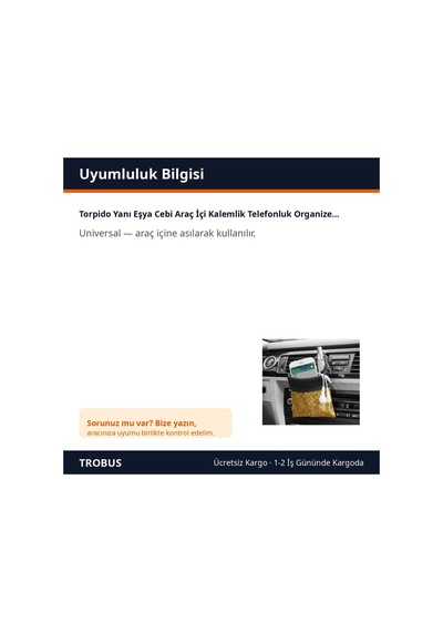Trobus Torpido Yanı Eşya Cebi Araç İçi Kalemlik Telefonluk Organizer Kristal Taşlı Gold