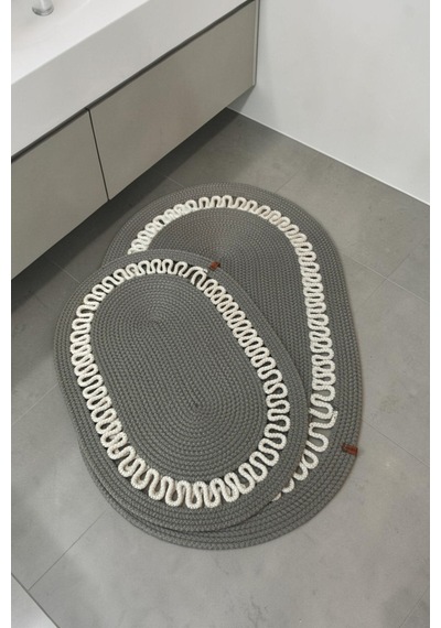 El Yapımı Dekoratif Örgülü Model Banyo Seti 2 Li Paspas 50x80 Ve 40x60 + 2 Organizer Sepet 18x18 Cm Gri