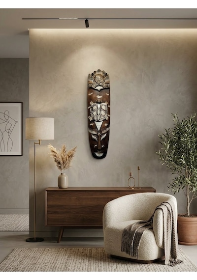 Dekoratif Ahşap Totem Aborjin Tiki Mask 49cm El Yapımı Duvar Deko
