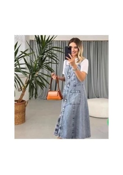 Gesshop Kadın Boydan Düğmeli Cepli Askılı Midi Boy Denim Elbise Askılı Elbise Buz Mavisi Gesshop Kadın Boydan Düğmeli Cepli Askılı Midi Boy Denim Elbise Askılı Elbise Buz Mavisi