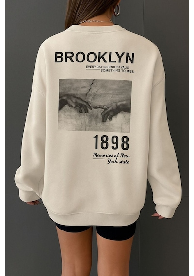 Benroma 3 İplik Penye Brooklyn Baskılı Unisex Sweatshırt Beyaz