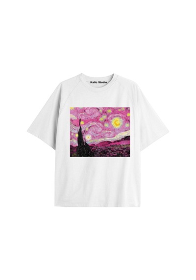 Kalic Studio Unisex Van Gogh Baskılı Oversize Tshirt Beyaz-63