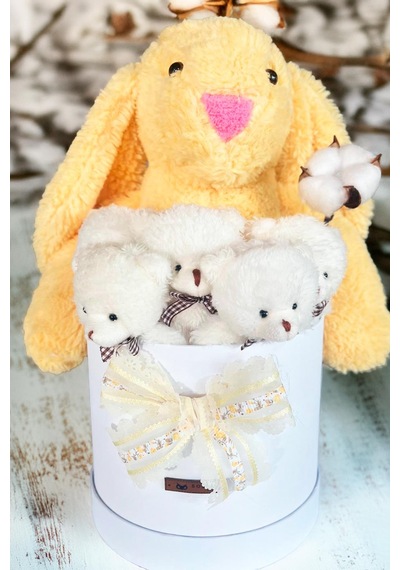 Özel Kutuda, Sarı Jellycat Tavşan, 5 Beyaz Ayıcık Pamuk Çiçeği Dokunuşlu, Özel Ayıcık Buketi