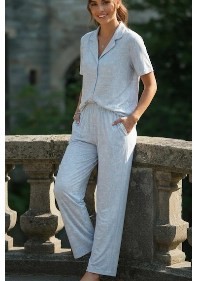 Relax Mode Kadın Nakış Desen Mavi Gömlek Pijama Takım - 26038r