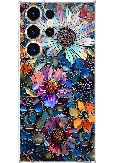 Printify Samsung Galaxy S23 Ultra İle Uyumlu Vitray Mücevher Flora Tasarımlı Şeffaf Silikon Kılıf Şeffaf