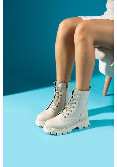 Shoetek Ahuela Kadın Bot&bootie Taş Bağcıklı Postal Bej Deri Bej Cilt