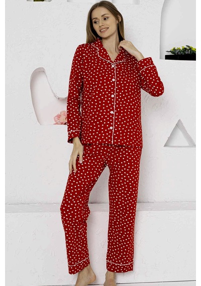 Alimer Kadın Kırmızı Kalpli Gömlek Yaka Pijama Takımı Edy2764uk-k Kırmızı